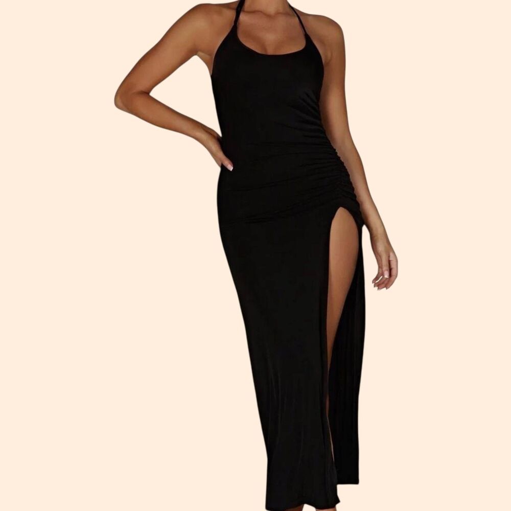 Meshki Ruched Split Maxi Dress Black